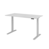 Höhenverstellbarer Schreibtisch in grau-silber mit elektrischer Steuerung und Fußgestell.