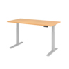 Höhenverstellbarer Schreibtisch aus Buche mit silbernem Gestell und Tast-Schalter.