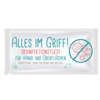 Desinfektionstücher in Verpackung mit Aufschrift "Alles im Griff!" für Hände und Oberflächen.