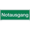 Grünes Hinweisschild mit weißem Text „Notausgang“ in der Größe 29,7 x 10,5 cm.