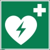 Beidseitig bedrucktes Hinweisschild mit grünem Hintergrund und Herz-Symbol für Defibrillator.