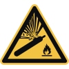 Warnschild vor Gasflaschen mit explosionäquivalentem Symbol und Flamme.
