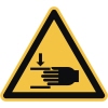 Dreieckiges Warnschild mit symbolischer Darstellung einer Hand und einem Sicherheits-Hinweis.