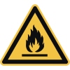 Warnhinweisschild mit schwarzem Feuer-Symbol auf gelbem, dreieckigem Hintergrund.