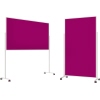 Zwei seitliche Ansichten einer pinken Moderationstafel mit weißem Aluminiumrahmen und Rollen.