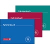 Drei Fahrtenbücher in Blau, Rot und Grün mit dem Titel "Fahrtenbuch" auf dem Cover.