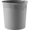 Dunkelgrauer Papierkorb mit geschwungener und gestreifter Oberfläche aus recyceltem Kunststoff.