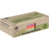 Packung mit Recycling-Haftnotizen in kiwi, orange, rot und violett, auf grauem Karton.