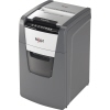 Aktenvernichter mit herausziehbarem Abfallbehälter und Touch-Control-Tasten in Grau und Weiß.