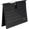 Schwarzer Hängehefter mit Hängeschienen und Beschriftungsreiter, aus umweltfreundlichem Material.