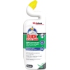 Flasche mit WC-Reiniger-Gel in Weiß und Gelb, Label mit Produktinformationen auf Vorderseite.