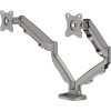 Silberner Doppel-Monitorarm mit zwei beweglichen Armen und VESA-Halterungen.