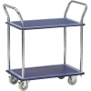 Transportwagen mit blauer Antirutschplattform, zwei Ablagen und vier Rollen.