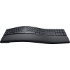 Ergonomische, geteilte Tastatur mit geschwungener Form und Handballenauflage.
