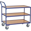 Transportwagen mit drei Böden und Schiebegriff, auf Rollen, pulverbeschichtet in Blau.