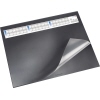 Schwarze Schreibunterlage mit blendfreier Folie und integriertem Kalender für 3 Jahre.