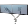 Doppel-Monitorarm in silber mit zwei horizontal montierten Bildschirmen für ergonomisches Arbeiten.