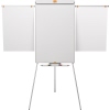 Klappbare Flipchart-Halterung aus Metall mit seitlichen Flipchart-Blättern und Stifte-Clip.