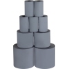 Stapelt von mehreren grauen Thermokassenrollen in aufsteigender Größe.