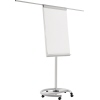 Mobiles Flipchart mit ringförmiger Basis, verstellbaren Aufhängezapfen und Rollen.