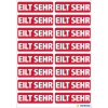 Rote Etiketten mit dem Aufdruck „EILT SEHR“ in weißer Schrift, in einem A4-Layout angeordnet.