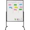 Mobiles Whiteboard mit doppelseitiger Oberfläche, beschriftet mit Haftnotizen und Markern.
