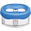Blauer Pinselbecher mit transparenter Optik und Auslaufschutz.