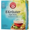 Verpackung der Teekanne 8-Kräuter mit einer Tasse Tee und dem Hinweis auf 100 Portionen.