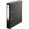 Schwarzer Ordner aus Recyclingmaterial mit Wolkenmarmor-Oberfläche und zwei Metallringen.