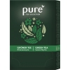 Packung mit grünem Tee und Zitronenmyrte in floralen Designs auf grünem Hintergrund.