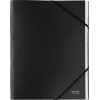 Schwarze Ordnungsmappe mit 12 Fächern und Gummiband, aus recycelbarem Karton.