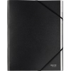 Schwarze Ordnungsmappe mit 6 Fächern und Gummiband aus recycelbarem Karton.