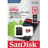 Speicherkarte microSDHC Ultra® 32 GByte mit Adapter auf Verpackung vor Smartphone dargestellt.
