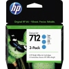 HP Tintenpatrone 712 cyan im 3-Pack mit farbiger Darstellung und Schmetterling auf Verpackung.