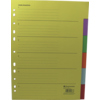 Sechs Registerblätter in verschiedenen Farben mit beschreibbaren Bereichen und Lochungen.