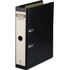 Schwarzer Hängeordner mit seitlichen Metallbeschlägen und einem etikettierbaren Rücken.