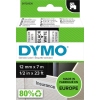 DYMO Schriftbandkassette D1 12 mm x 7 m in weiß mit schwarzer Schrift auf Verpackung.