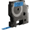 Schriftbandkassette D1 9 mm x 7 m in Blau mit schwarzem Text auf transparentem Hintergrund.