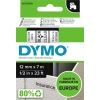 Schriftbandkassette D1 12 mm x 7 m in transparent mit schwarzer Schrift auf Verpackung.