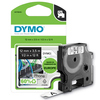 DYMO Schriftbandkassette D1 12 mm x 3,5 m in Verpackung mit Etikett auf schwarzem Hintergrund.