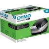 Kabelloser DYMO Etikettendrucker LabelWriter Wireless in schwarz/silber, frontal mit Verpackung.