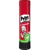 Pritt Klebestift in roter Verpackung mit grüner Kennzeichnung für Recycelbarkeit und Naturanteil.
