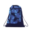 Sportbeutel in blauen Camouflage-Muster mit Kordelzug und seitlichem Reißverschluss.