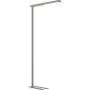 Stehleuchte in Silber mit langem, schmalem Leuchtenkopf und stabiler Fußplatte.