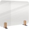 Transparente Tischtrennwand mit abgerundeten Ecken und stabilen Holzfüßen.