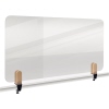 Transparente Tischtrennwand mit abgerundeten Ecken, montiert an einem Schreibtisch.