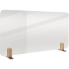 Transparente Tischtrennwand mit abgerundeten Ecken und stabilen Holzständern.