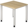 Schreibtisch mit eichefarbenem Tischblatt und weißen Metallbeinen, quadratische Form.