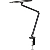 Schwarze Tischleuchte mit verstellbarem Arm und Klemme zur Befestigung.