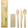 Papstar Besteckgarnitur aus Holz mit Gabel, Messer, Löffel und Serviette in Verpackung.